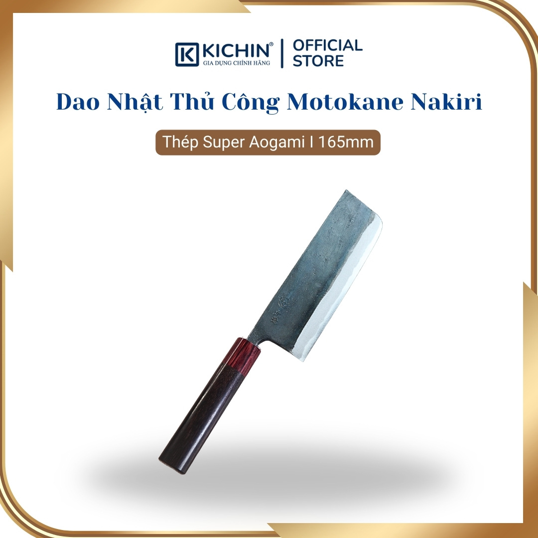Dao Nhật Thủ Công Cao Cấp Motokane Nakiri Thép Super Aogami Chuôi Gỗ Đàn Hương Đỏ - 165mm