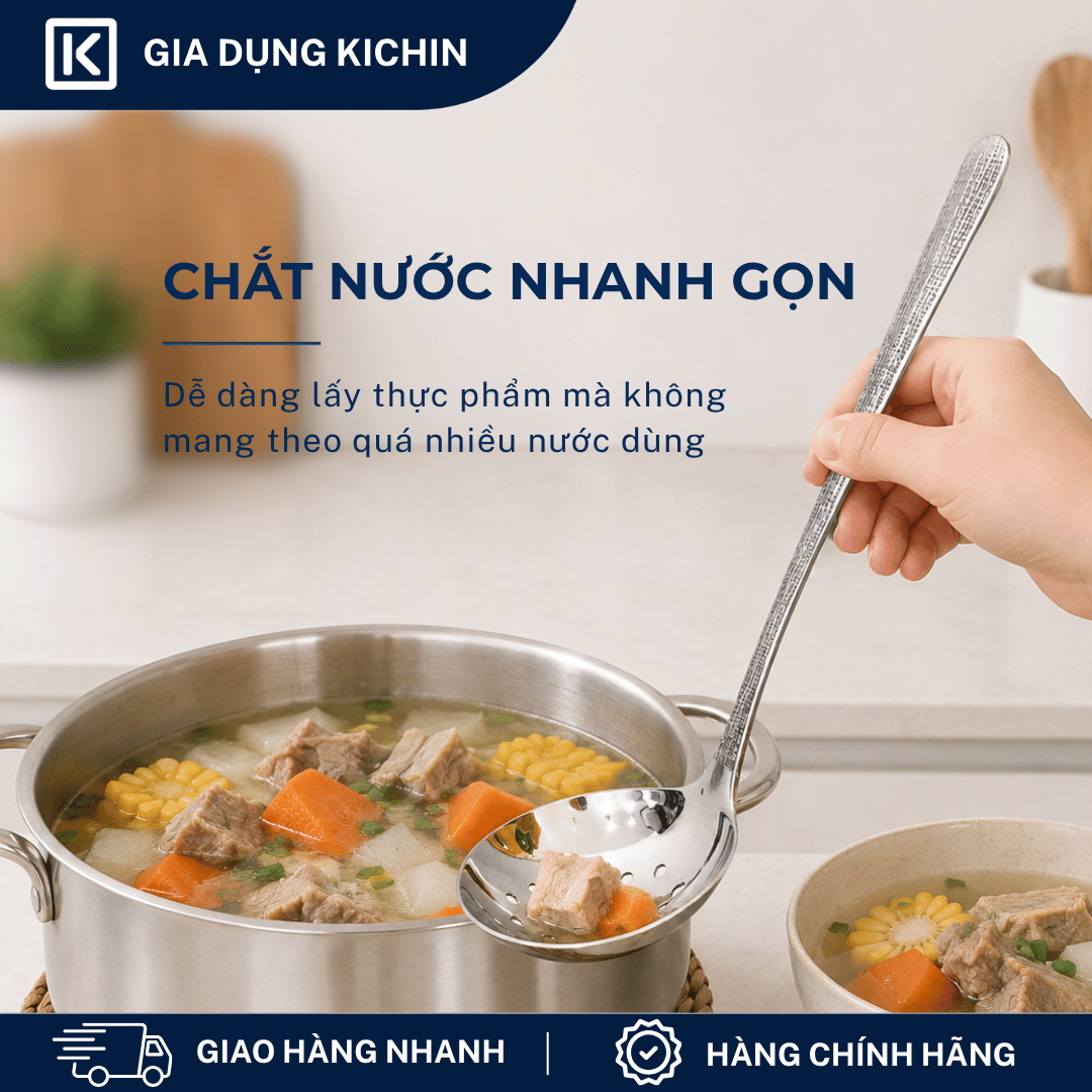 Combo 2 Muôi Múc Canh và Muôi Thủng Inox 304 Cao Cấp KICHIN - Cán Vân Ánh Bạc Sang Trọng, Chống Gỉ