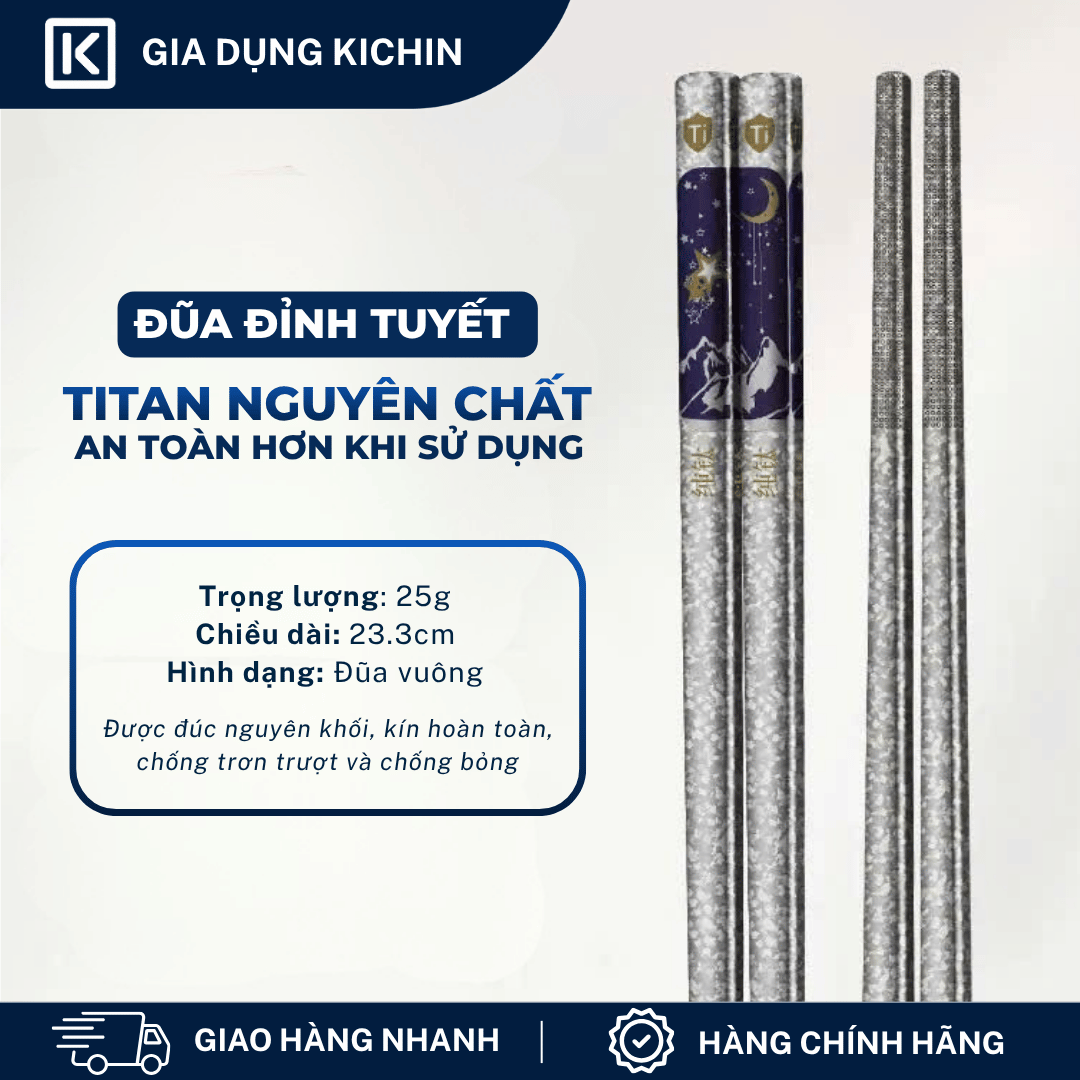 Đũa Titanium Nguyên Chất Cao Cấp KICHIN - Siêu Nhẹ, Không Nóng Tay, Bền, Chống Gỉ