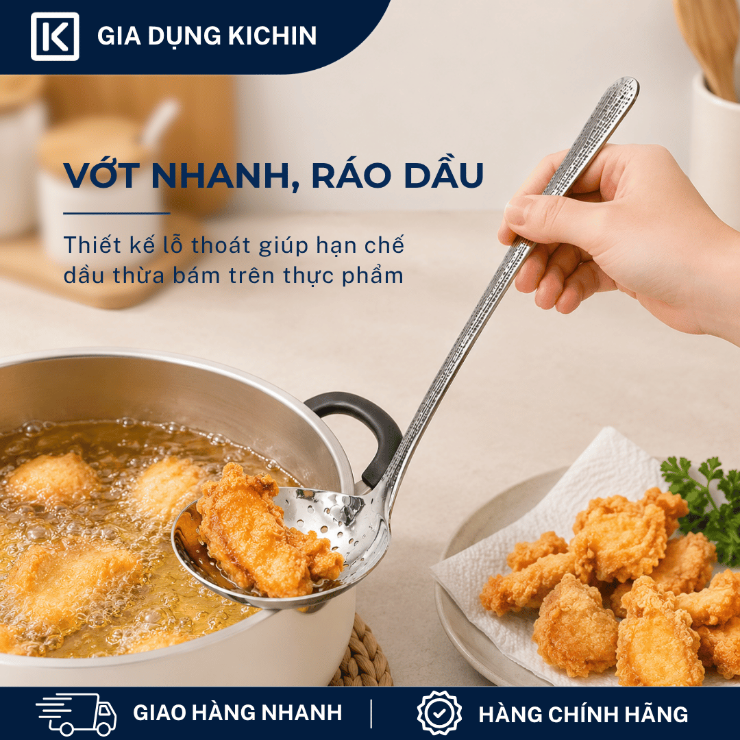 Combo 2 Muôi Múc Canh và Muôi Thủng Inox 304 Cao Cấp KICHIN - Cán Vân Ánh Bạc Sang Trọng, Chống Gỉ