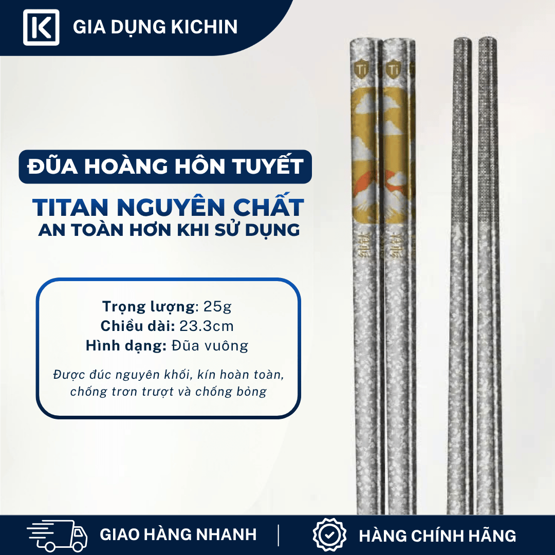 Đũa Titanium Nguyên Chất Cao Cấp KICHIN - Siêu Nhẹ, Không Nóng Tay, Bền, Chống Gỉ