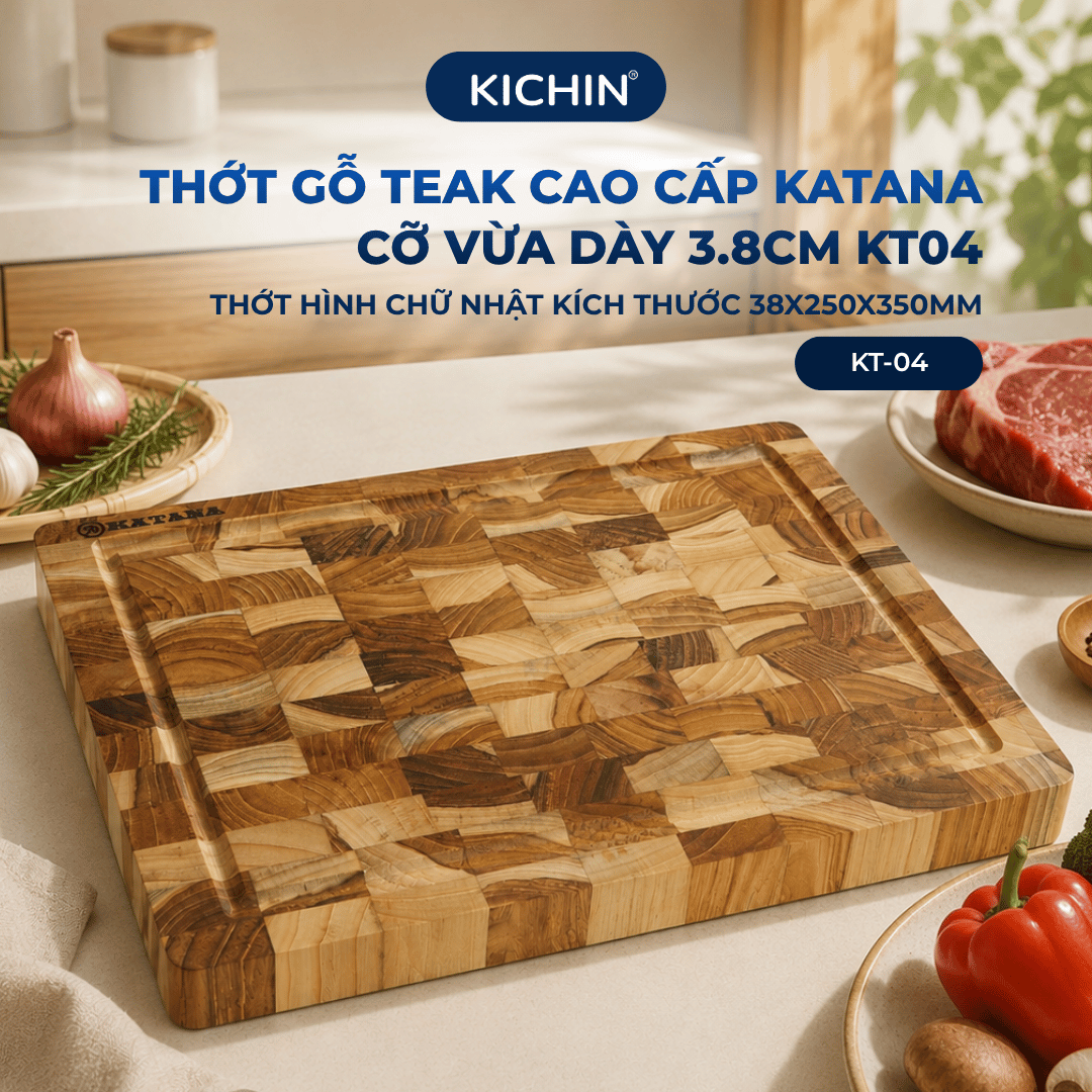 Thớt gỗ teak cao cấp KATANA cỡ vừa dày 3.8cm KT04 - thớt hình chữ nhật kích thước 38x250x350mm