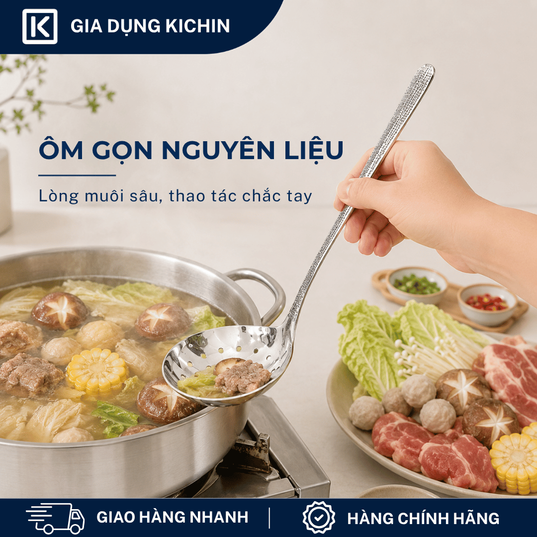 Muôi Thủng Inox 304 Cao Cấp KICHIN - Cán Vân Ánh Bạc Sang Trọng, Chống Gỉ KMT-BAC-02