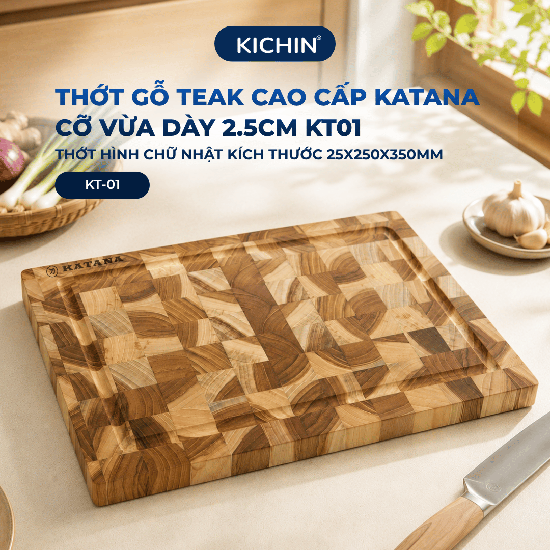 Thớt gỗ teak cao cấp KATANA cỡ vừa dày 2.5cm KT01 - thớt hình chữ nhật kích thước 25x250x350mm