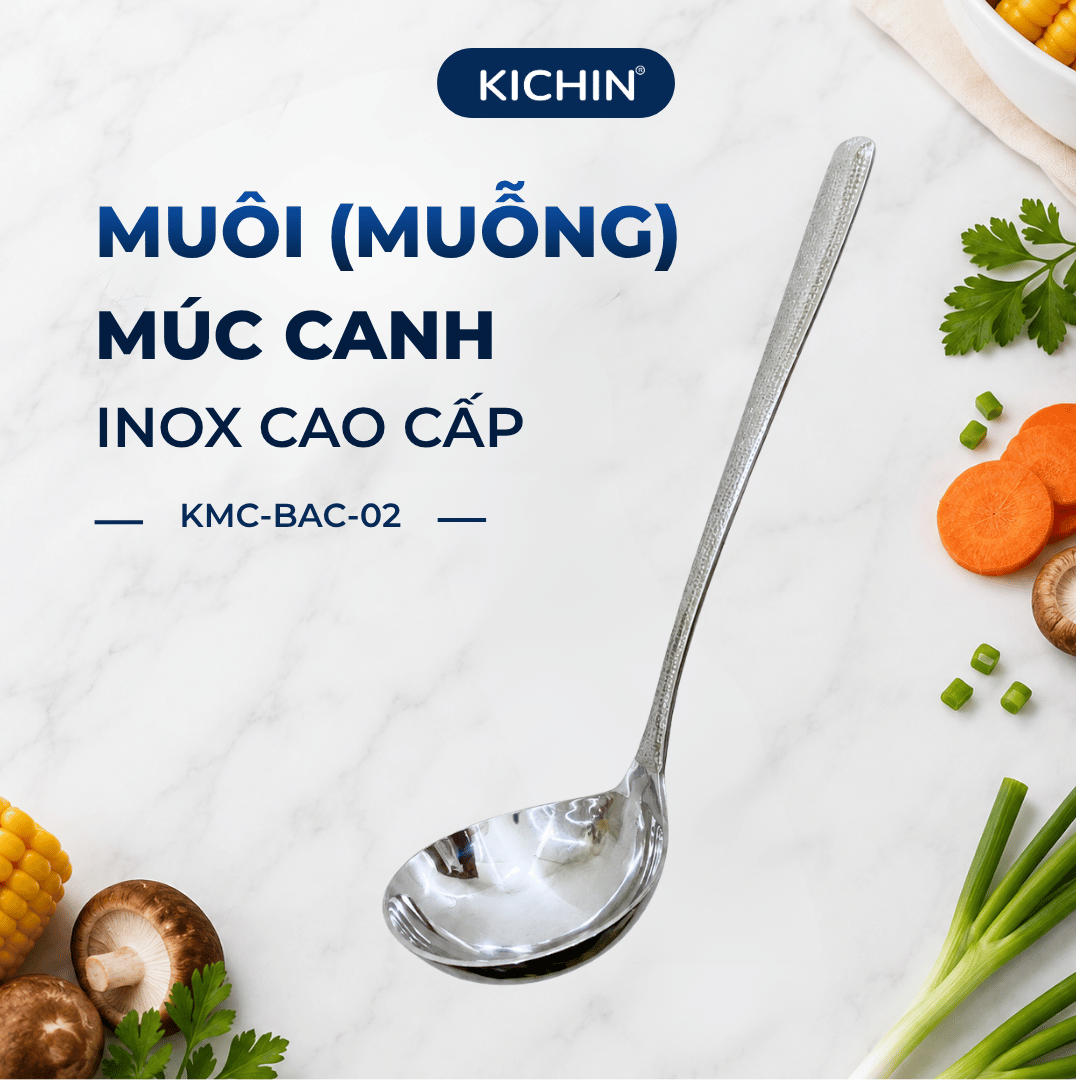 Combo 2 Muôi Múc Canh và Muôi Thủng Inox 304 Cao Cấp KICHIN - Cán Vân Ánh Bạc Sang Trọng, Chống Gỉ