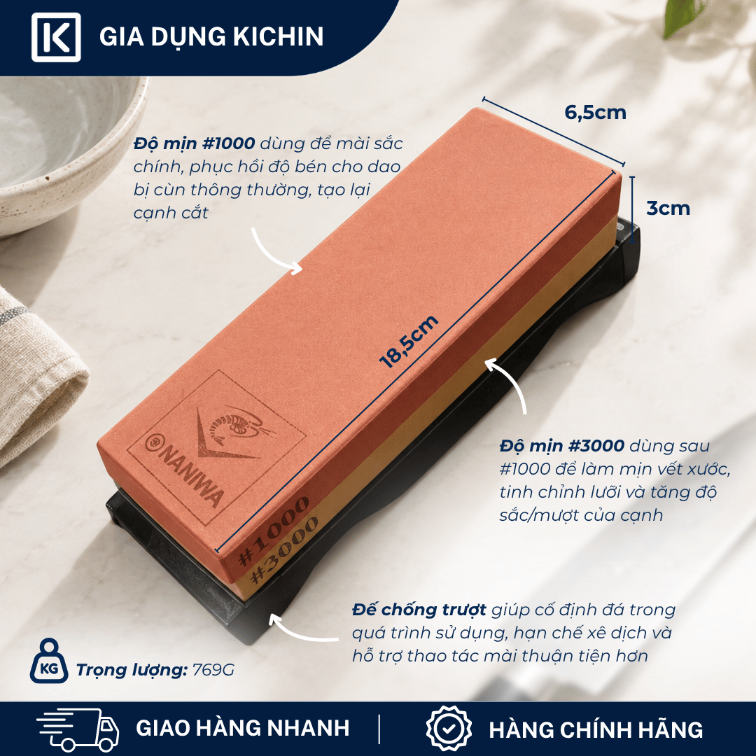 Đá mài dao Naniwa thương hiệu KATANA 2 viên độ mịn trung và cao #1000/#3000 (185x65x30mm) - NKP-1000/3000C đế kèm hộp đựng bảo quản