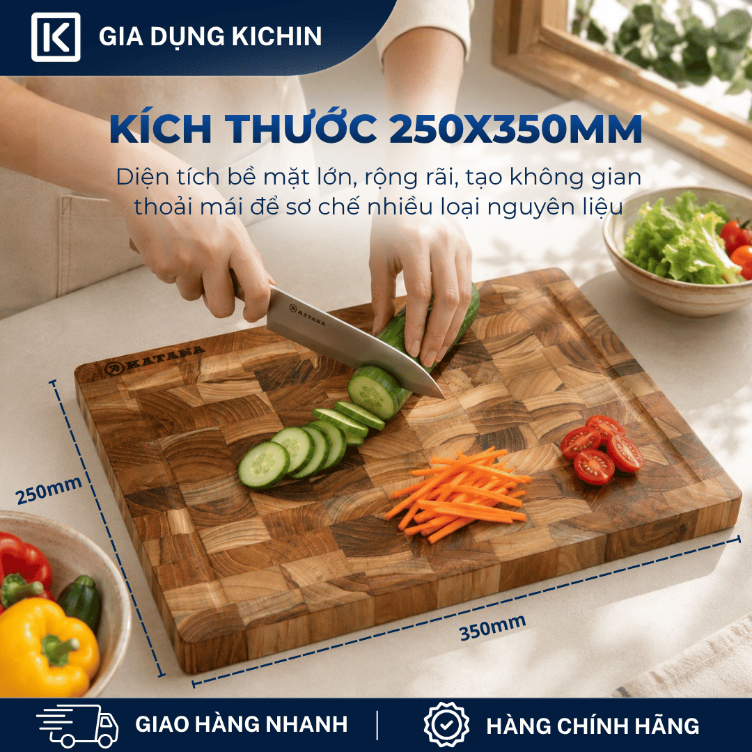 Thớt gỗ teak cao cấp KATANA cỡ vừa dày 2.5cm KT01 - thớt hình chữ nhật kích thước 25x250x350mm