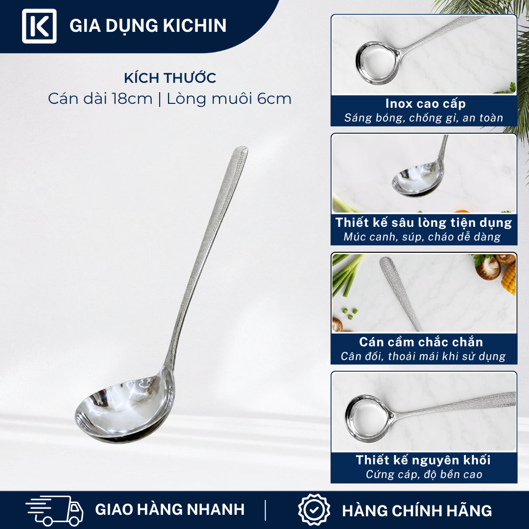 Combo 2 Muôi Múc Canh và Muôi Thủng Inox 304 Cao Cấp KICHIN - Cán Vân Ánh Bạc Sang Trọng, Chống Gỉ