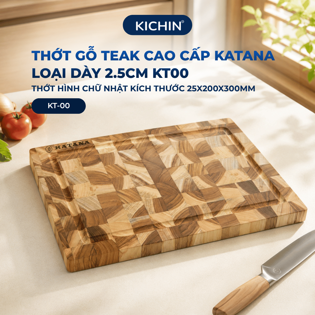 Thớt gỗ teak cao cấp KATANA loại dày 2.5cm size KT00 - thớt hình chữ nhật kích thước 25x200x300mm