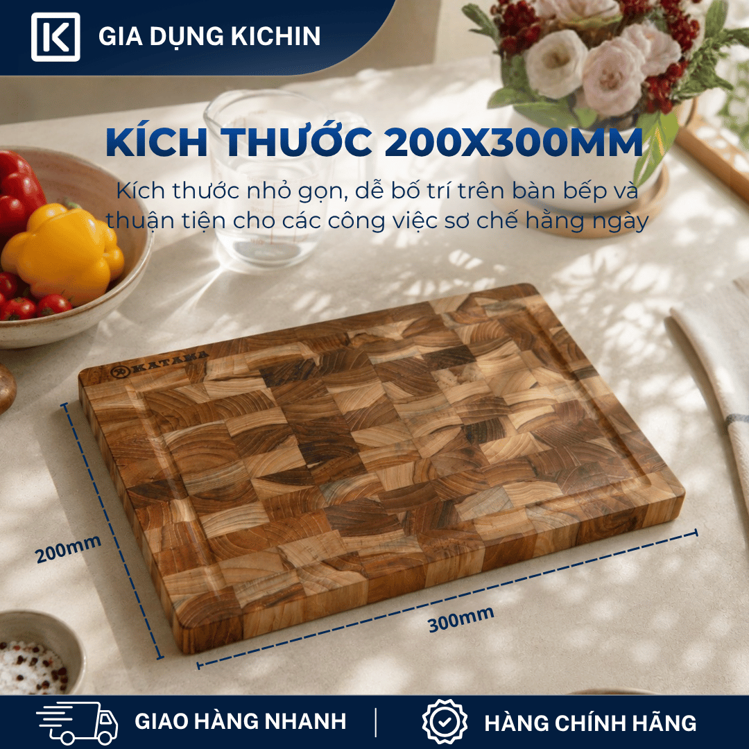 Thớt gỗ teak cao cấp KATANA loại dày 2.5cm size KT00 - thớt hình chữ nhật kích thước 25x200x300mm