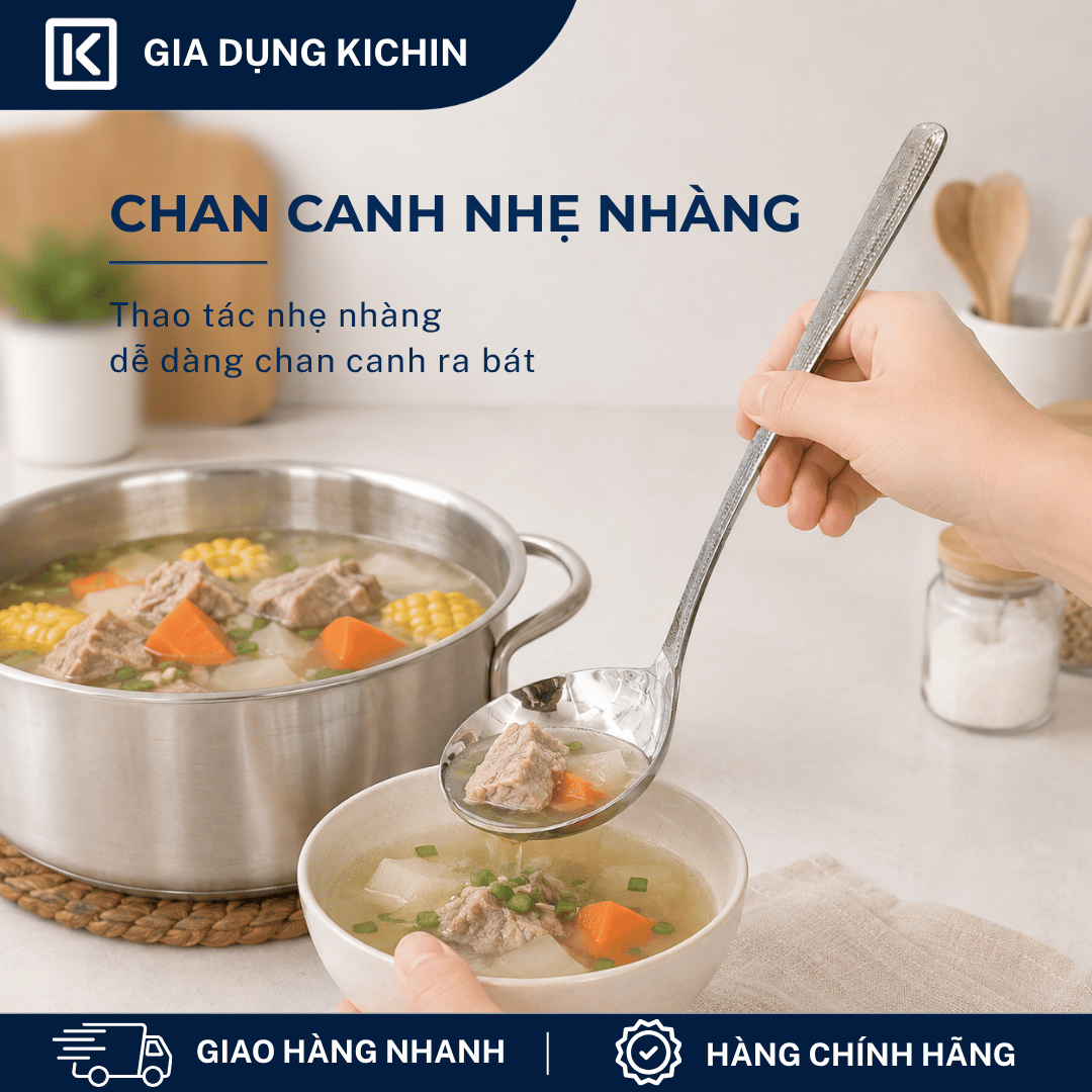 Combo 2 Muôi Múc Canh và Muôi Thủng Inox 304 Cao Cấp KICHIN - Cán Vân Ánh Bạc Sang Trọng, Chống Gỉ