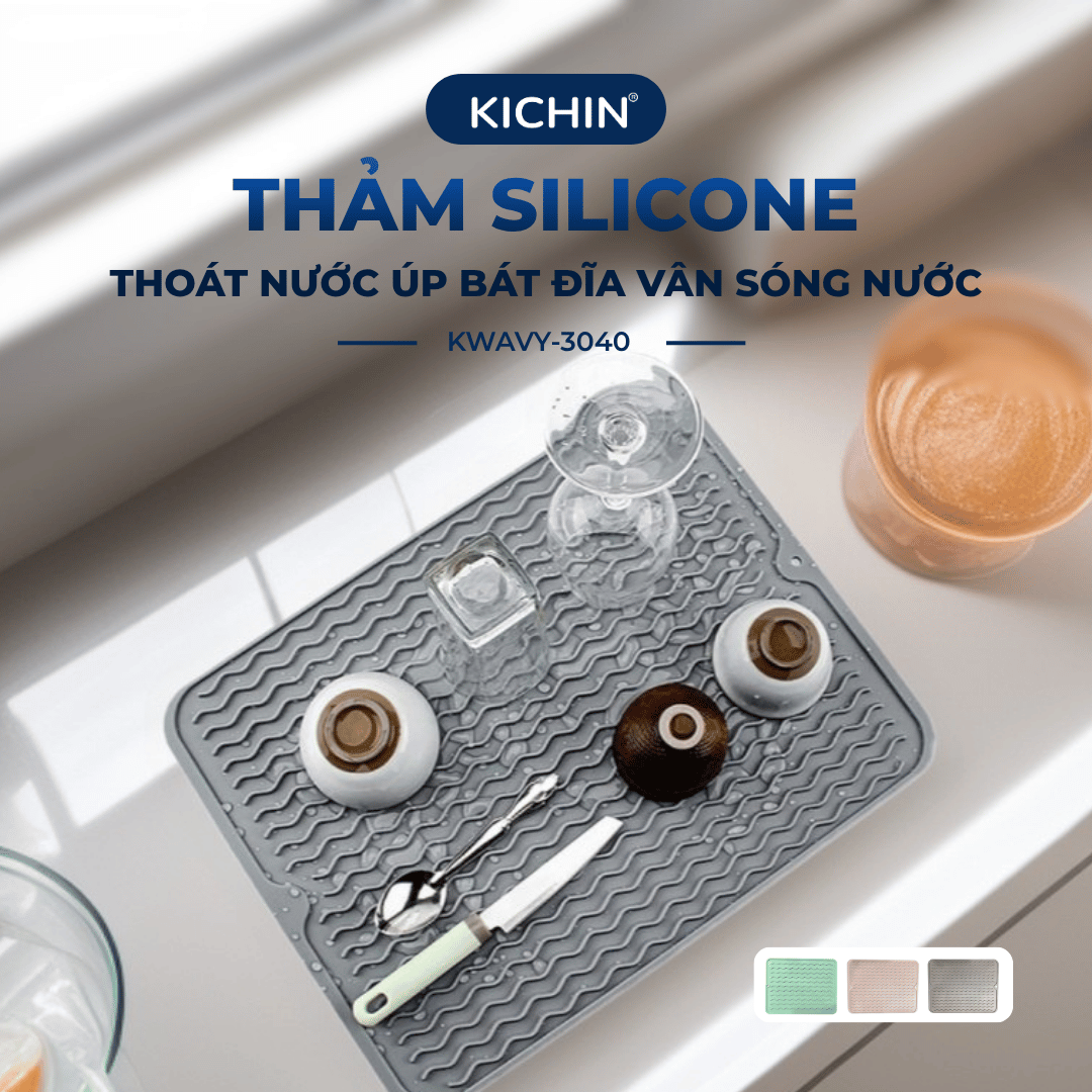 Thảm Silicone Thoát Nước Úp Bát Đĩa KICHIN Vân Sóng Nước - Chống Trượt, Ráo Nước Nhanh