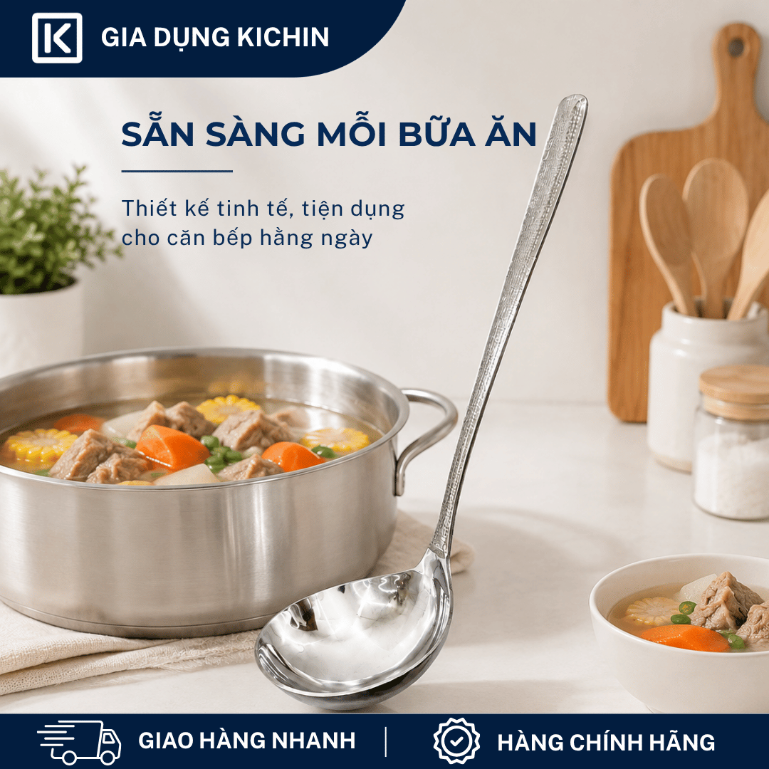 Muôi Múc Canh Inox 304 Cao Cấp KICHIN - Cán Vân Ánh Bạc Sang Trọng, Chống Gỉ KMC-BAC-02