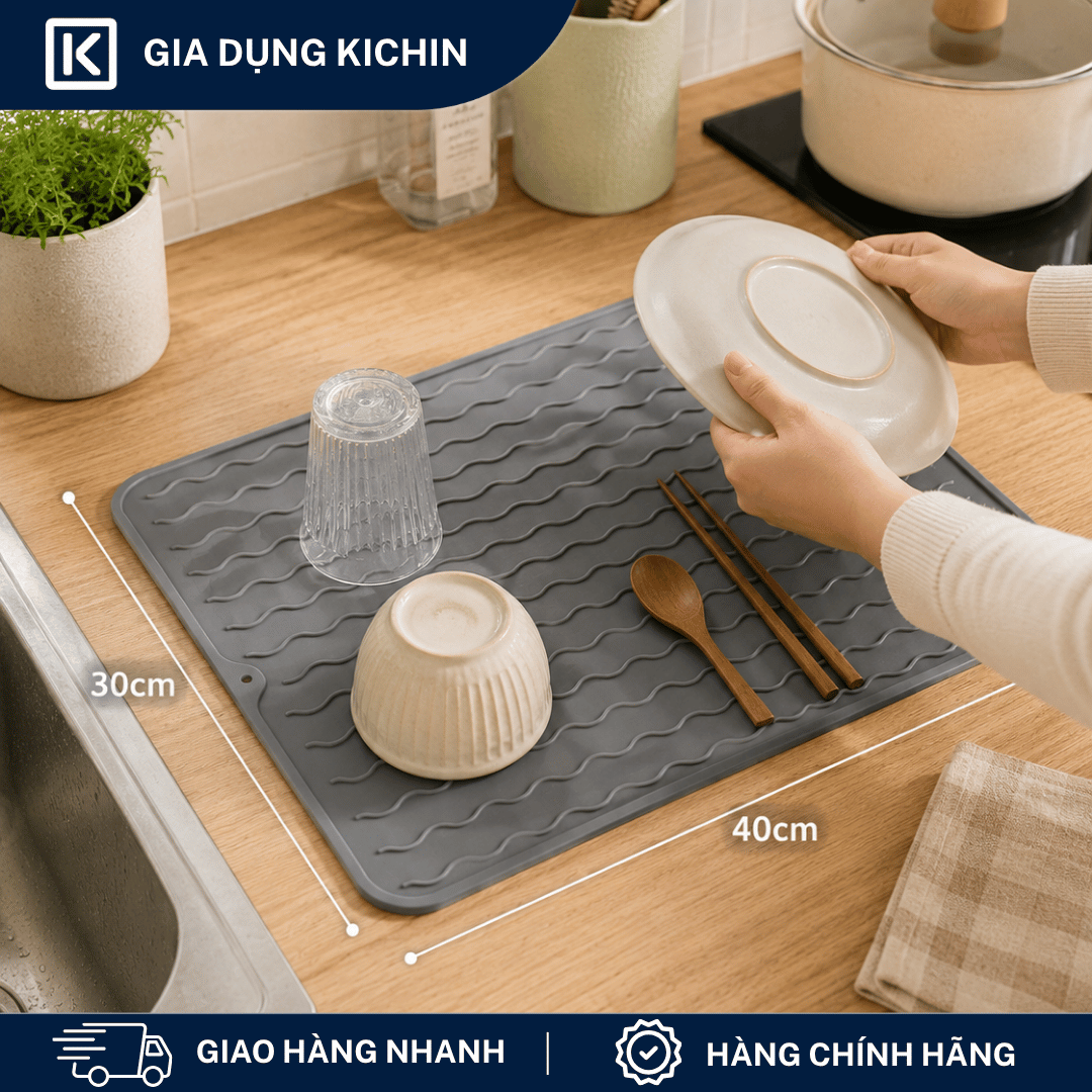 Thảm Silicone Thoát Nước Úp Bát Đĩa KICHIN Vân Sóng Nước - Chống Trượt, Ráo Nước Nhanh