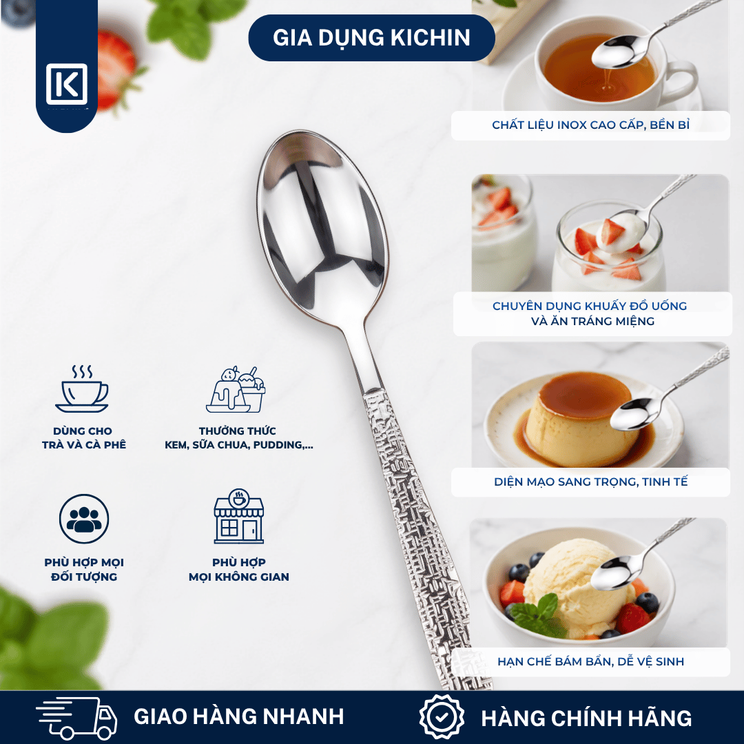 Bộ Thìa Dĩa Inox 304 KICHIN - Combo Thìa Ăn, Dĩa Ăn, Thìa Trà, Dĩa Hoa Quả Cao Cấp Cán Vân Ánh Bạc Sang Trọng, Chống Gỉ KSET-BAC-02