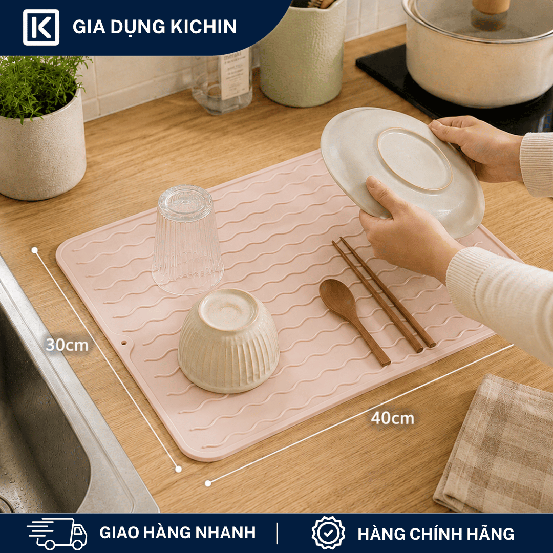 Thảm Silicone Thoát Nước Úp Bát Đĩa KICHIN Vân Sóng Nước - Chống Trượt, Ráo Nước Nhanh