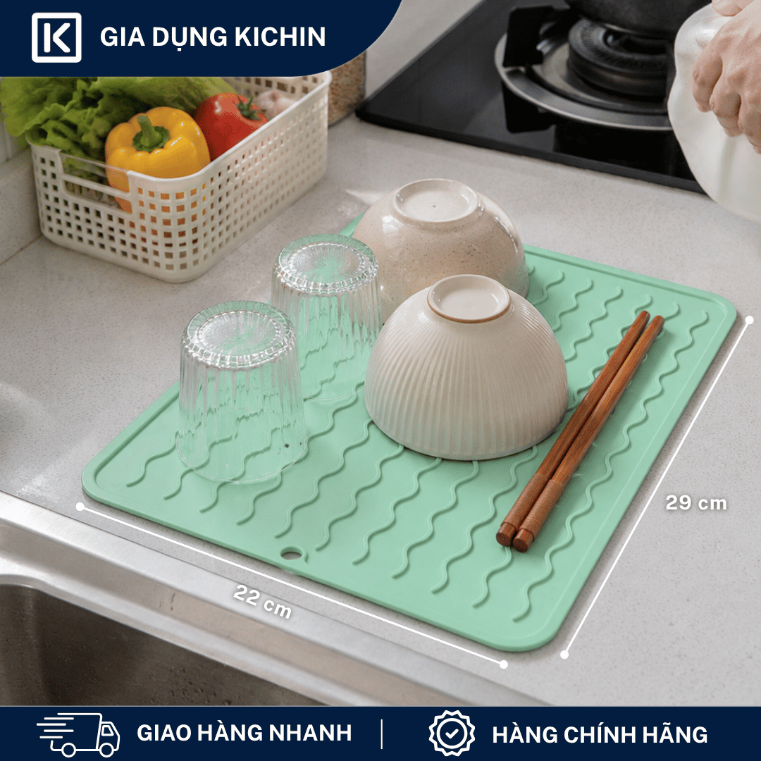 Thảm Silicone Thoát Nước Úp Bát Đĩa KICHIN Vân Sóng Nước - Chống Trượt, Ráo Nước Nhanh