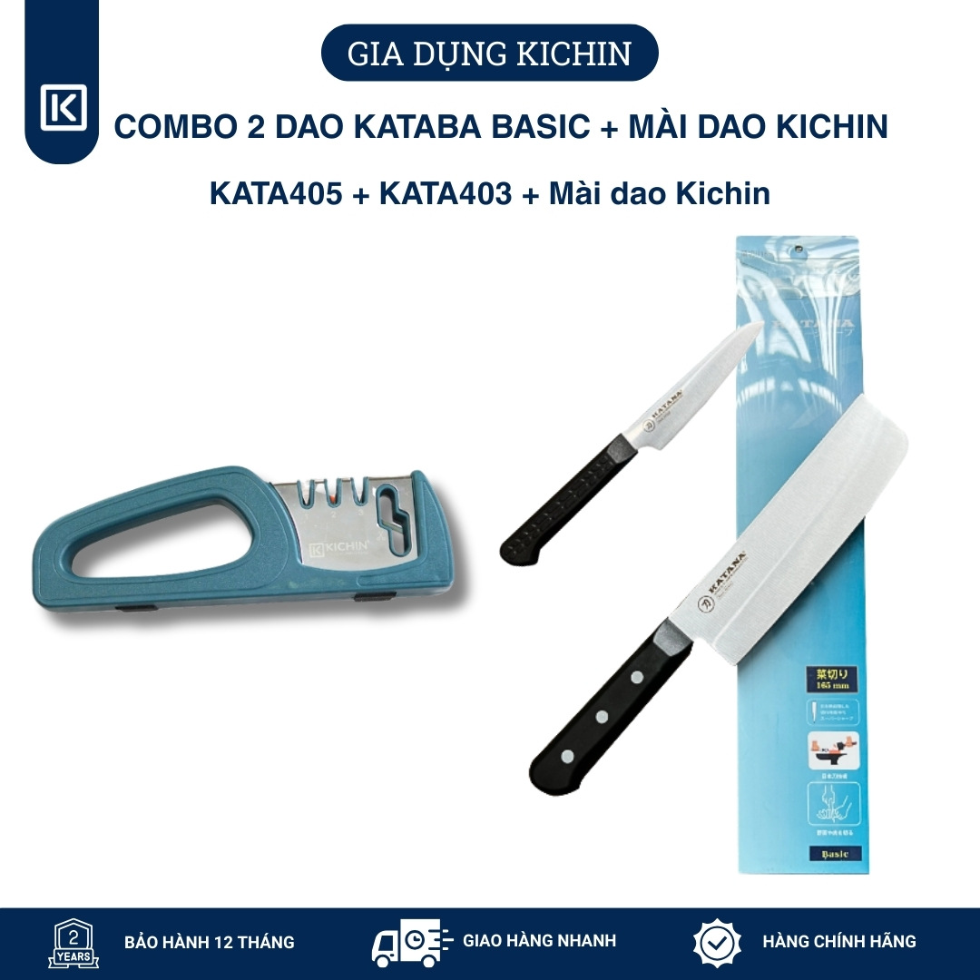 Combo dao Kataba Basic Nakiri + Petty + Dụng cụ mài dao 3 bước KICHIN