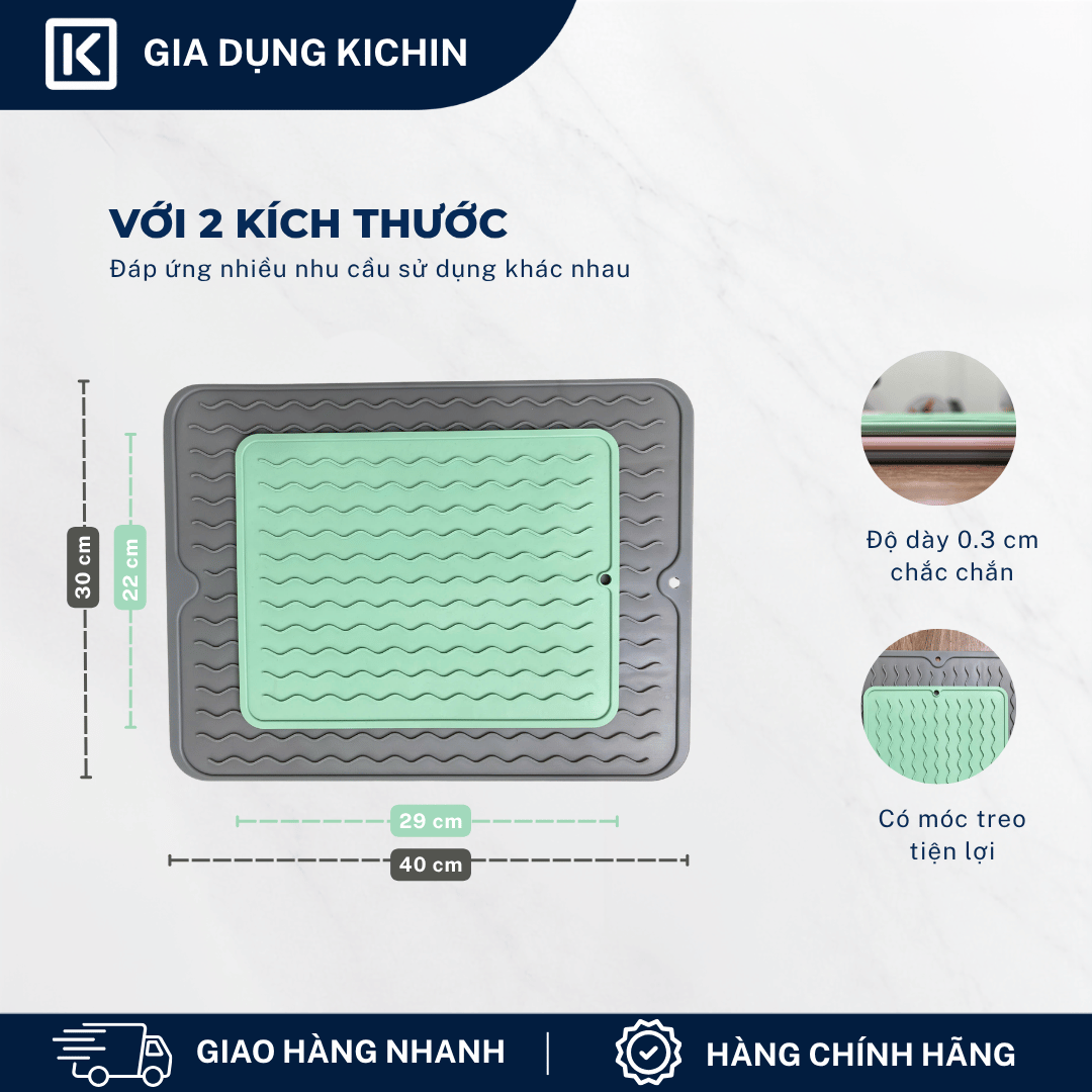 Thảm Silicone Thoát Nước Úp Bát Đĩa KICHIN Vân Sóng Nước - Chống Trượt, Ráo Nước Nhanh