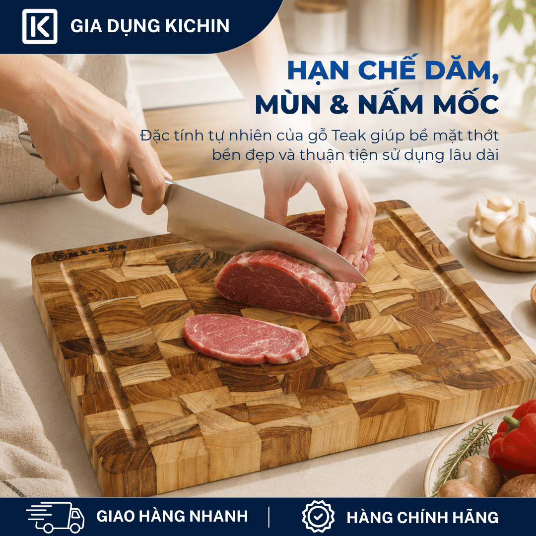 Thớt gỗ teak cao cấp KATANA loại dày 2.5cm size KT00 - thớt hình chữ nhật kích thước 25x200x300mm