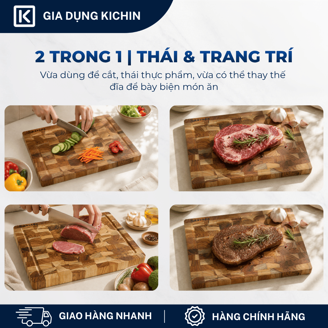 Thớt gỗ teak cao cấp KATANA cỡ vừa dày 2.5cm KT01 - thớt hình chữ nhật kích thước 25x250x350mm