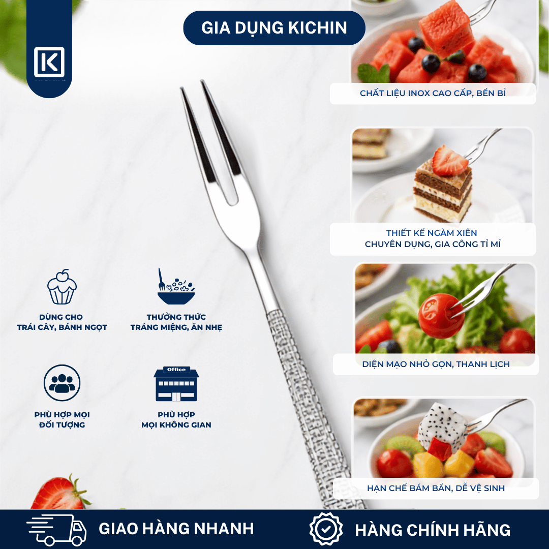 Bộ Thìa Dĩa Inox 304 KICHIN - Combo Thìa Ăn, Dĩa Ăn, Thìa Trà, Dĩa Hoa Quả Cao Cấp Cán Vân Ánh Bạc Sang Trọng, Chống Gỉ KSET-BAC-02