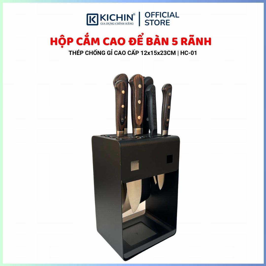 Hộp cắm dao để bàn 5 rãnh thép chống gỉ cao cấp - HC01 (12x15x23cm)