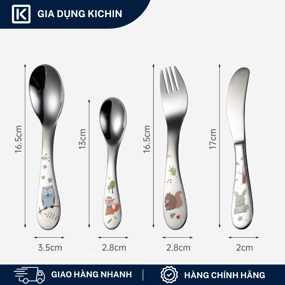 Set Thìa Dĩa Trẻ Em Inox 304 Cao Cấp KICHIN - Họa Tiết Động vật, An Toàn Cho Bé KSF-01