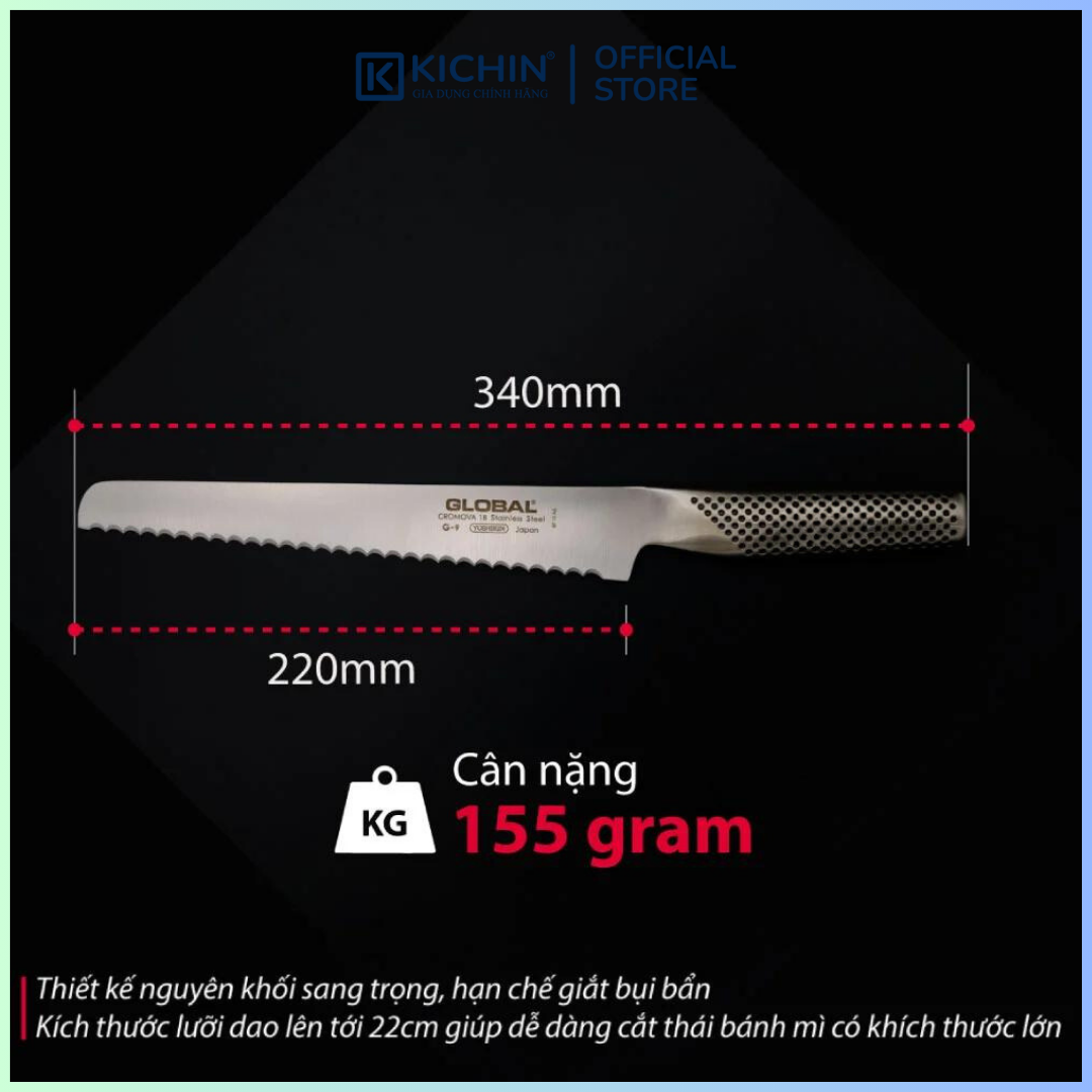 Dao bếp Nhật cao cấp Global G9 Bread - Dao cắt bánh mỳ (220mm)