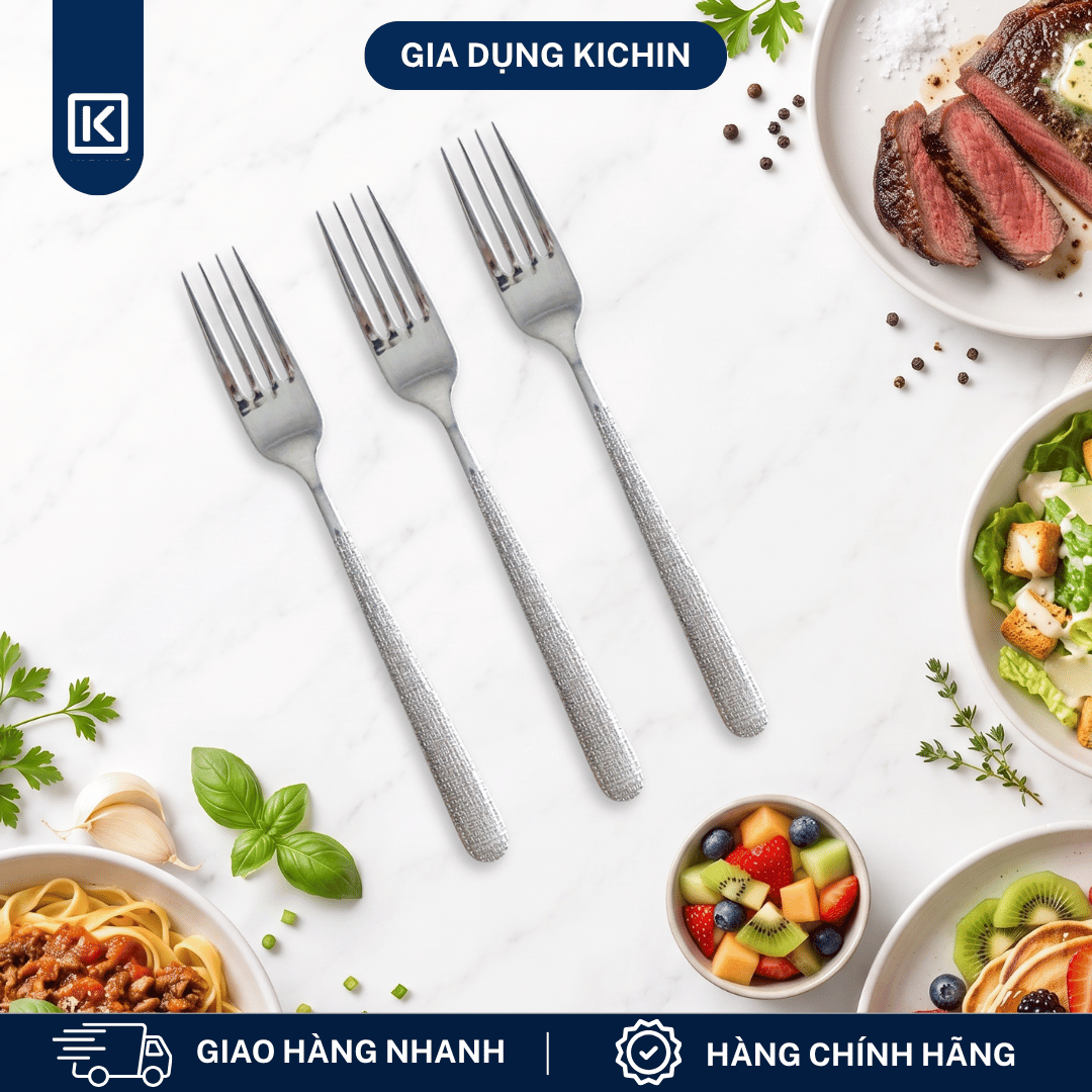Dĩa Ăn Inox 304 Cao Cấp KICHIN - Cán Vân Ánh Bạc Sang Trọng, Chống Gỉ KDA-BAC-02