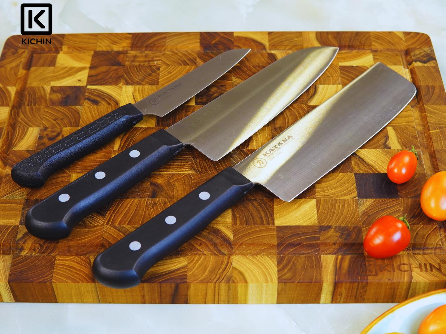 Combo dao Kataba Basic Nakiri + Petty + Dụng cụ mài dao 3 bước KICHIN