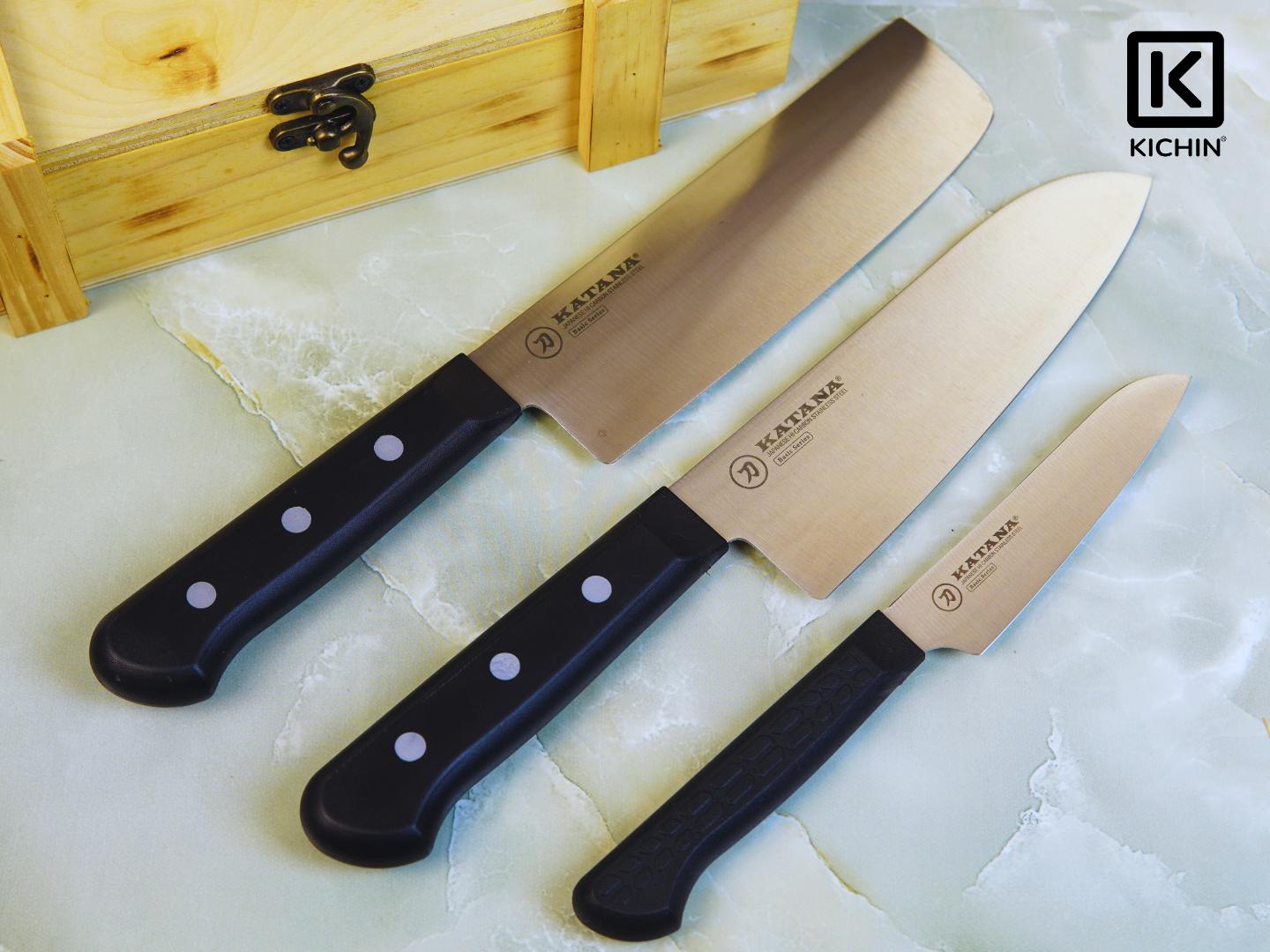 Combo dao Kataba Basic Nakiri + Petty + Dụng cụ mài dao 3 bước KICHIN