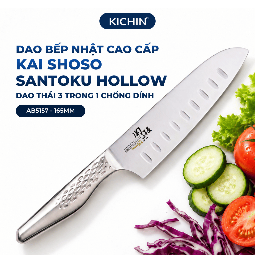 Dao bếp Nhật cao cấp KAI Shoso Santoku Hollow - Dao thái 3 trong 1 chống dính AB5157 (165mm)