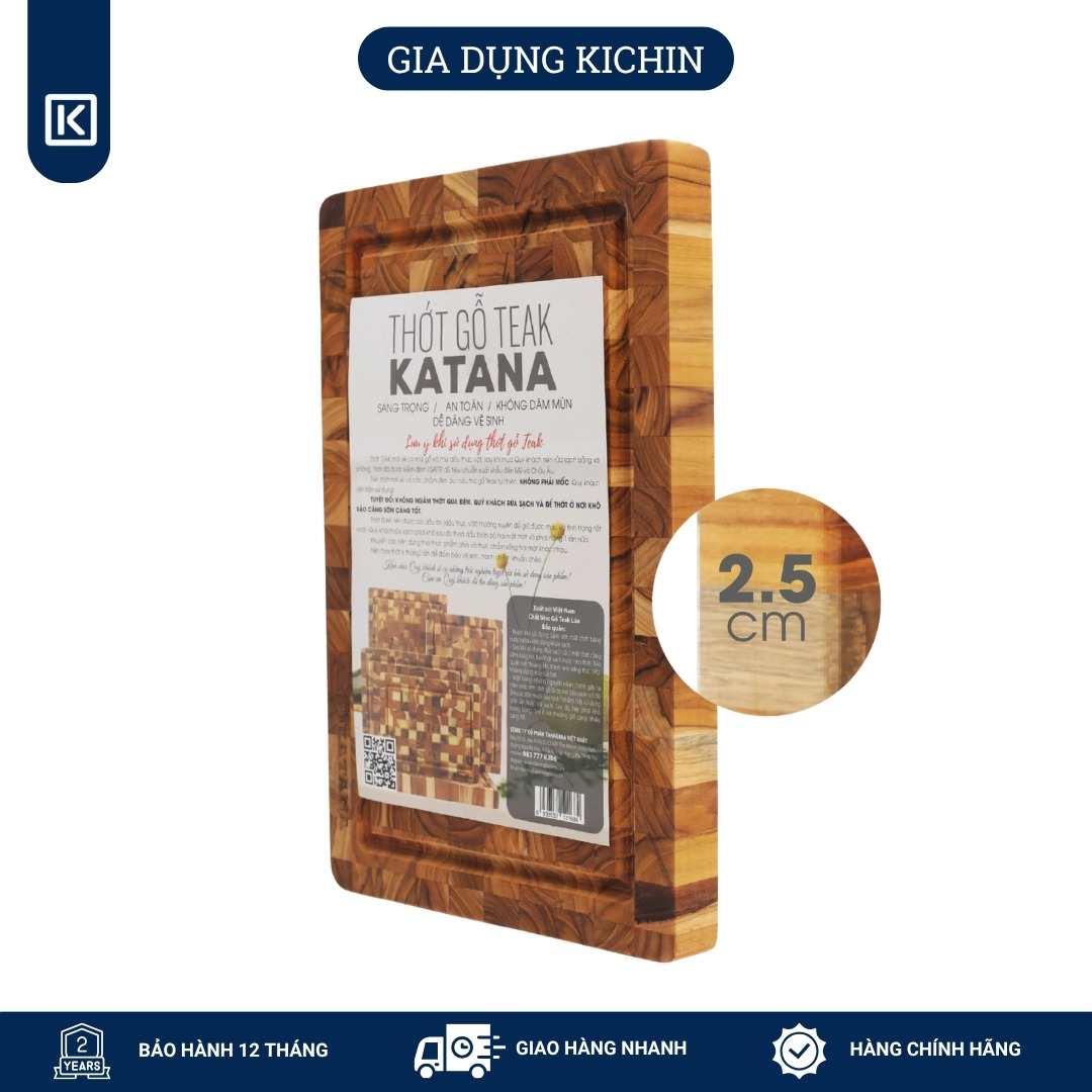 Thớt gỗ teak cao cấp KATANA loại dày 2.5cm size KT00 - thớt hình chữ nhật kích thước 25x200x300mm