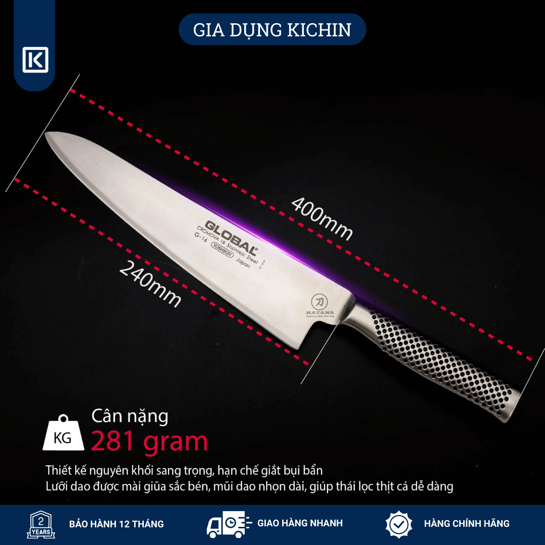 Dao bếp Nhật cao cấp Global G16 Chef - Dao thái thịt cá (240mm)