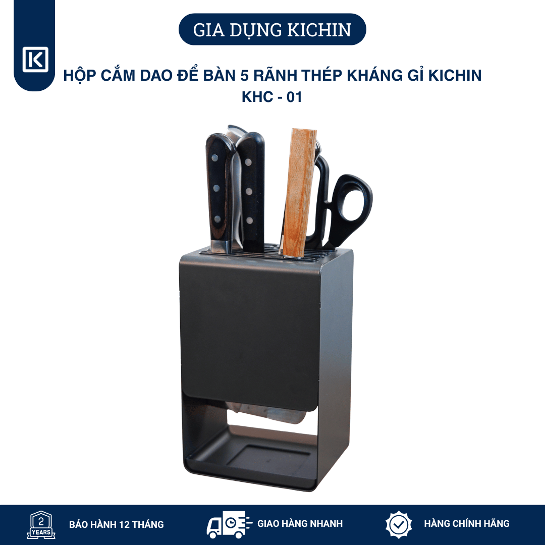 Hộp cắm dao để bàn 5 rãnh thép chống gỉ cao cấp KICHIN - HC01 (12x15x23cm)