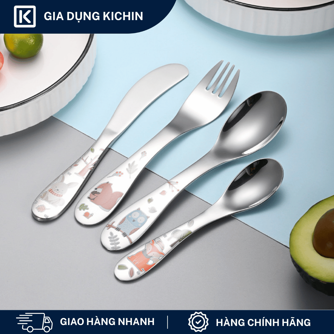 Set Thìa Dĩa Trẻ Em Inox 304 Cao Cấp KICHIN - Họa Tiết Động vật, An Toàn Cho Bé KSF-01