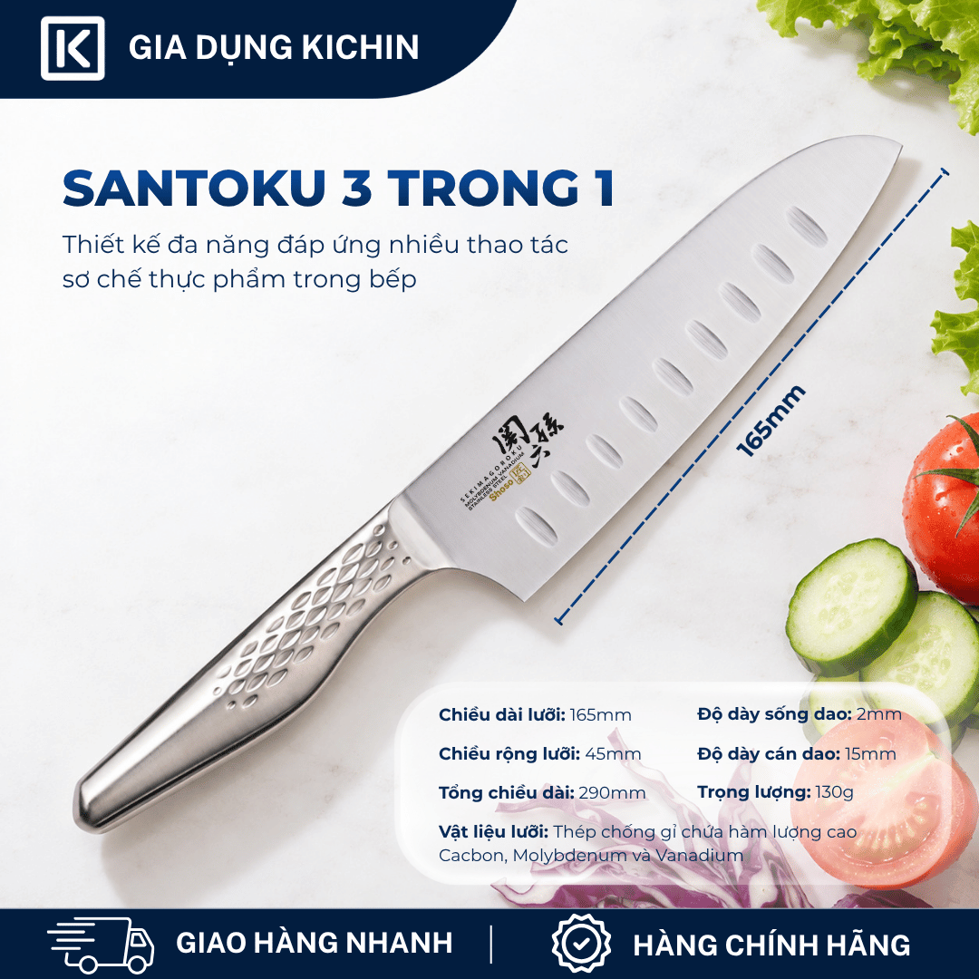 Dao bếp Nhật cao cấp KAI Shoso Santoku Hollow - Dao thái 3 trong 1 chống dính AB5157 (165mm)