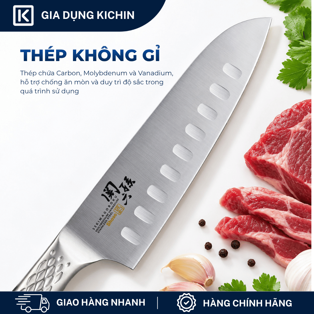Dao bếp Nhật cao cấp KAI Shoso Santoku Hollow - Dao thái 3 trong 1 chống dính AB5157 (165mm)