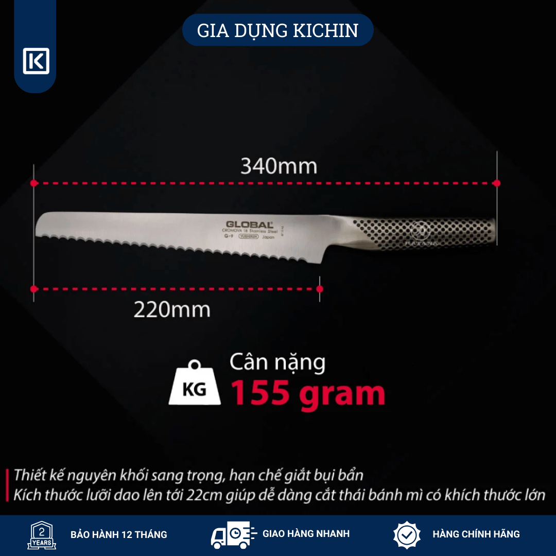 Dao bếp Nhật cao cấp Global G9 Bread - Dao cắt bánh mỳ (220mm)