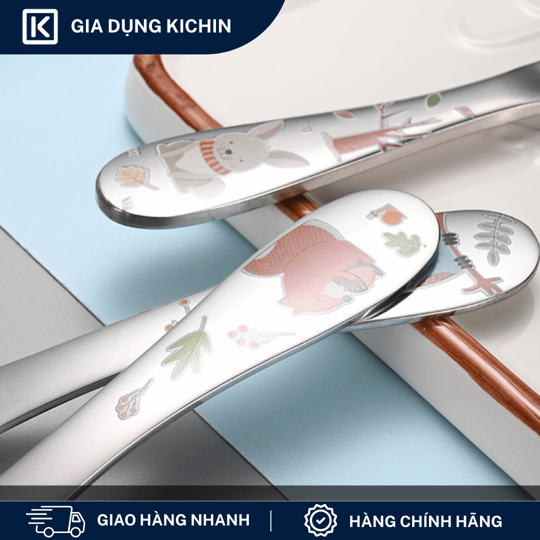 Set Thìa Dĩa Trẻ Em Inox 304 Cao Cấp KICHIN - Họa Tiết Động vật, An Toàn Cho Bé KSF-01