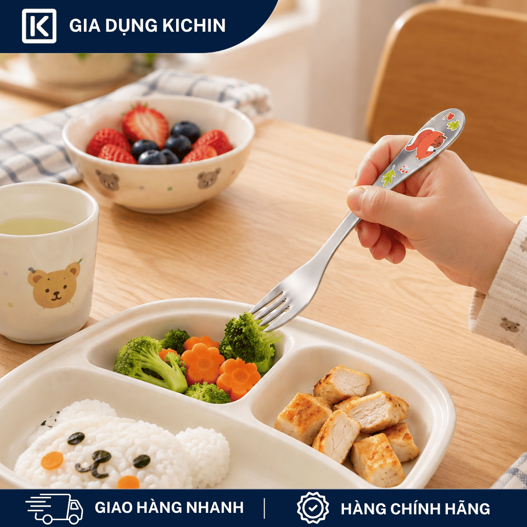 Set Thìa Dĩa Trẻ Em Inox 304 Cao Cấp KICHIN - Họa Tiết Động vật, An Toàn Cho Bé KSF-01