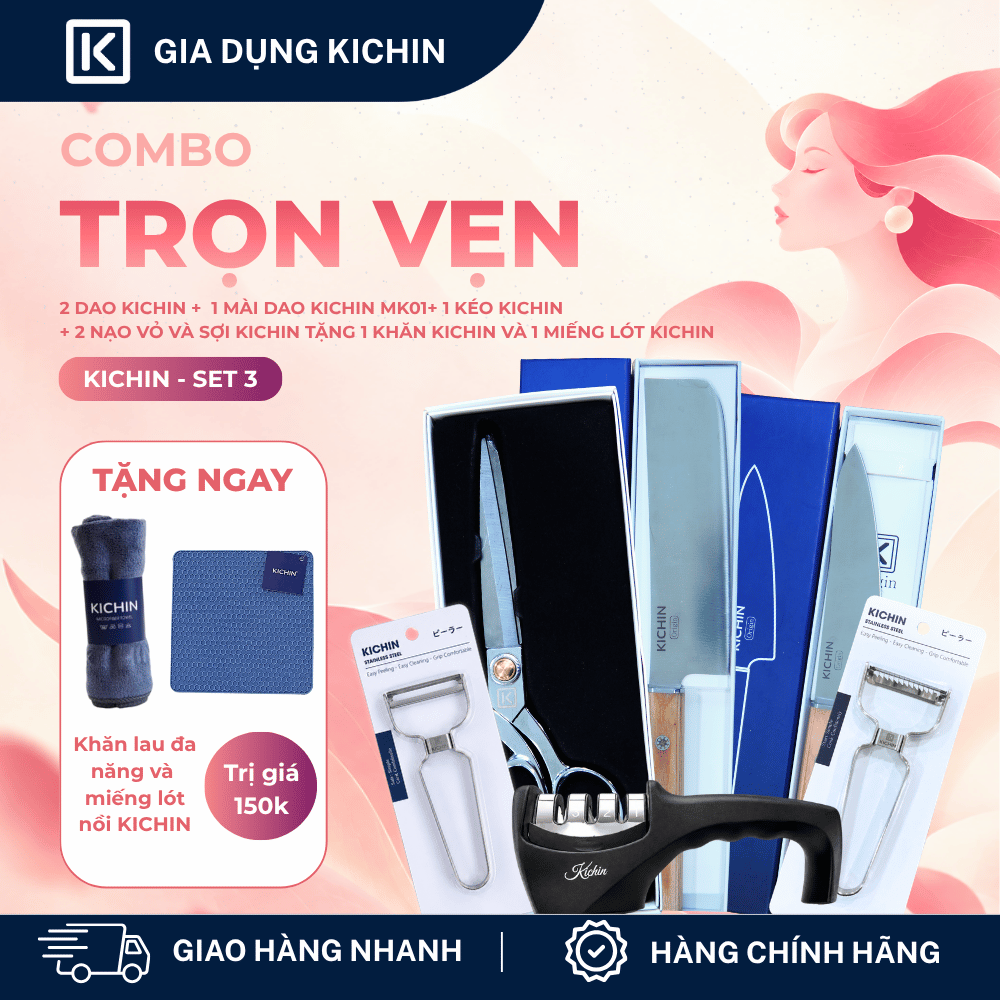 [COMBO TRỌN VẸN] Bộ 2 dao KICHIN Origin + Kéo cắt đa năng KICHIN + 2 nạo vỏ và nạo sợi KICHIN + Mài dao KICHIN MK01