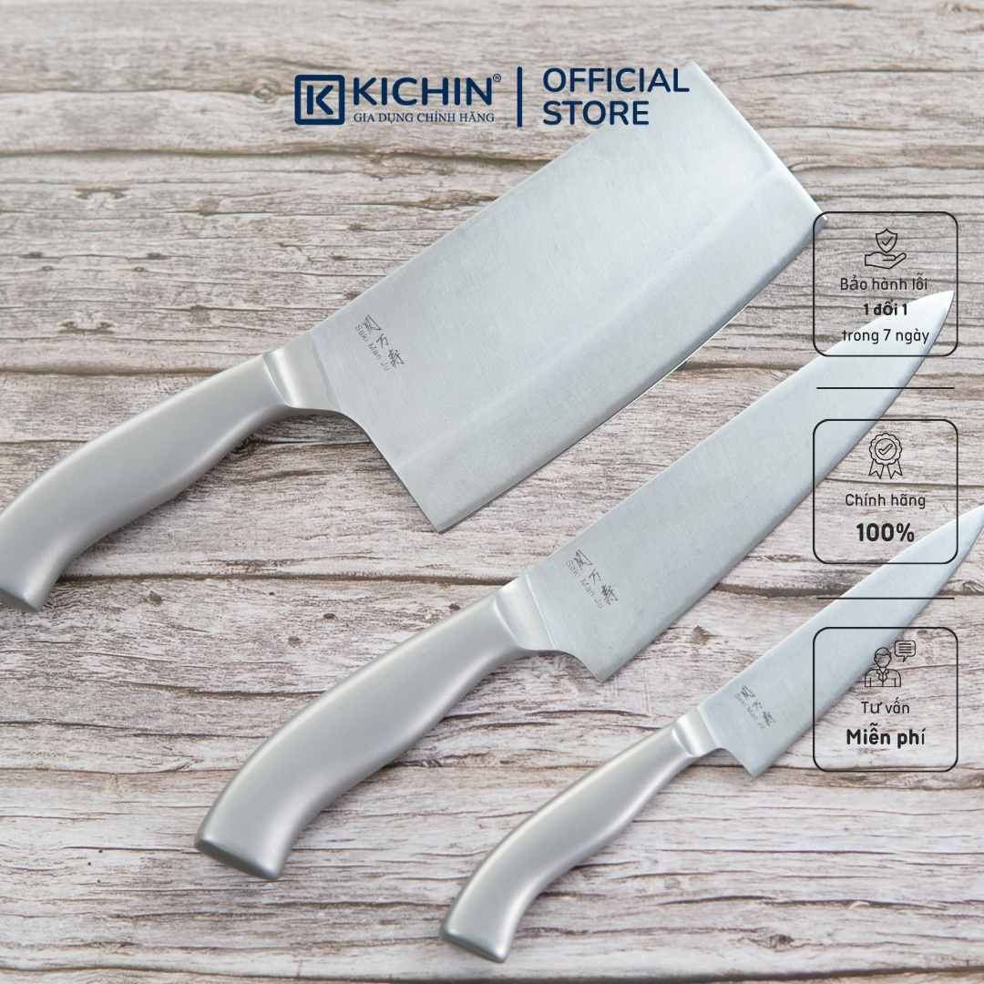 Bộ 3 Dao Bếp Cao Cấp KAI Seki Manju Cán Kim Loại - Dao Chặt, Dao Thái, Dao Gọt Hoa Quả
