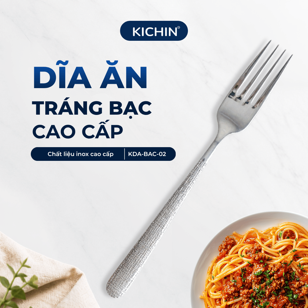 Dĩa Ăn Inox 304 Cao Cấp KICHIN - Cán Vân Ánh Bạc Sang Trọng, Chống Gỉ KDA-BAC-02