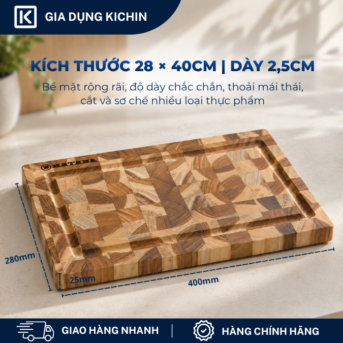 Thớt gỗ teak cao cấp KATANA cỡ lớn dày 2.5cm KT03 - thớt hình chữ nhật kích thước 25x280x400mm