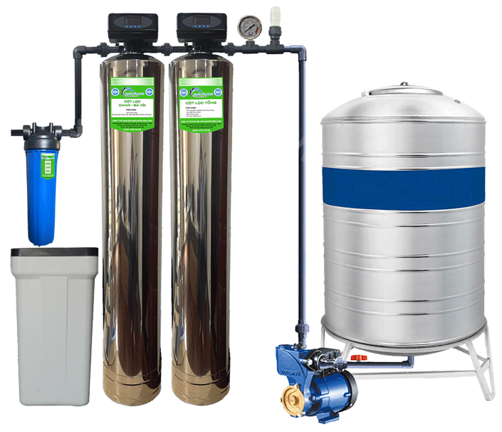 Hệ thống lọc tổng giếng khoan kết hợp làm mềm nước cứng  2 cột INOX NSX-AI2-GK