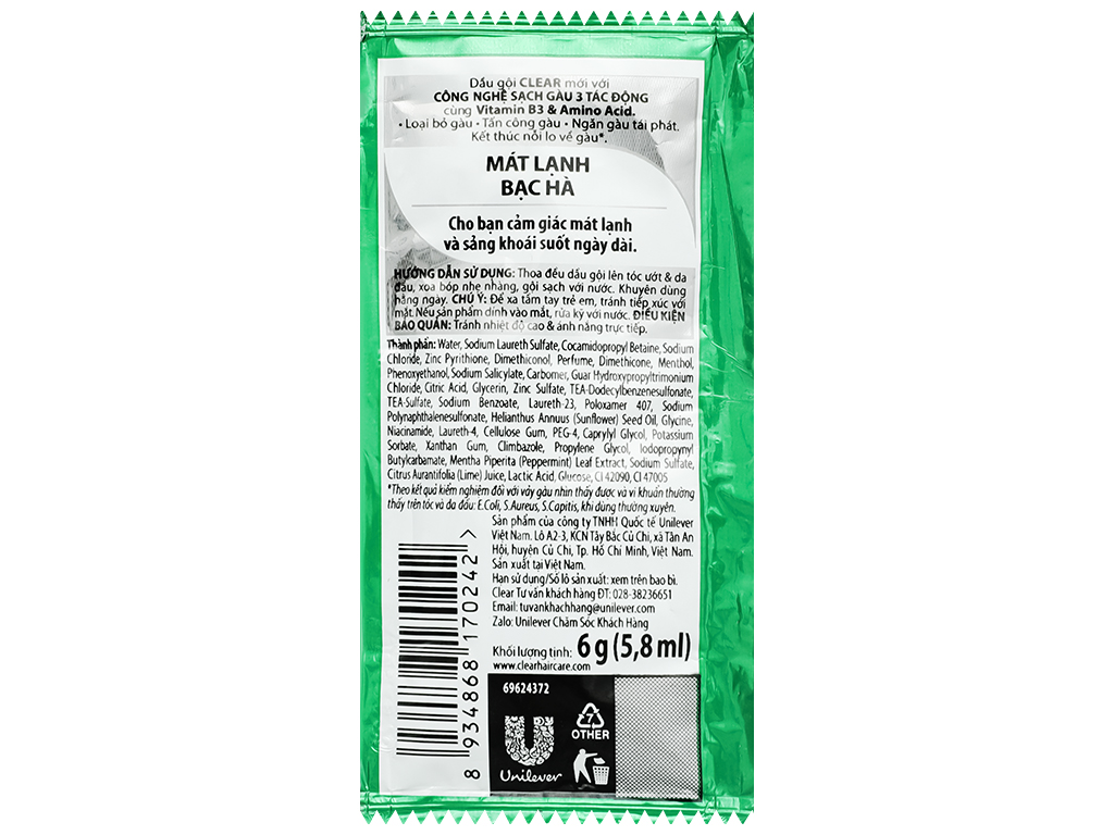 Dầu gội Clear mát lạnh bạc hà 6g/12gói/dây