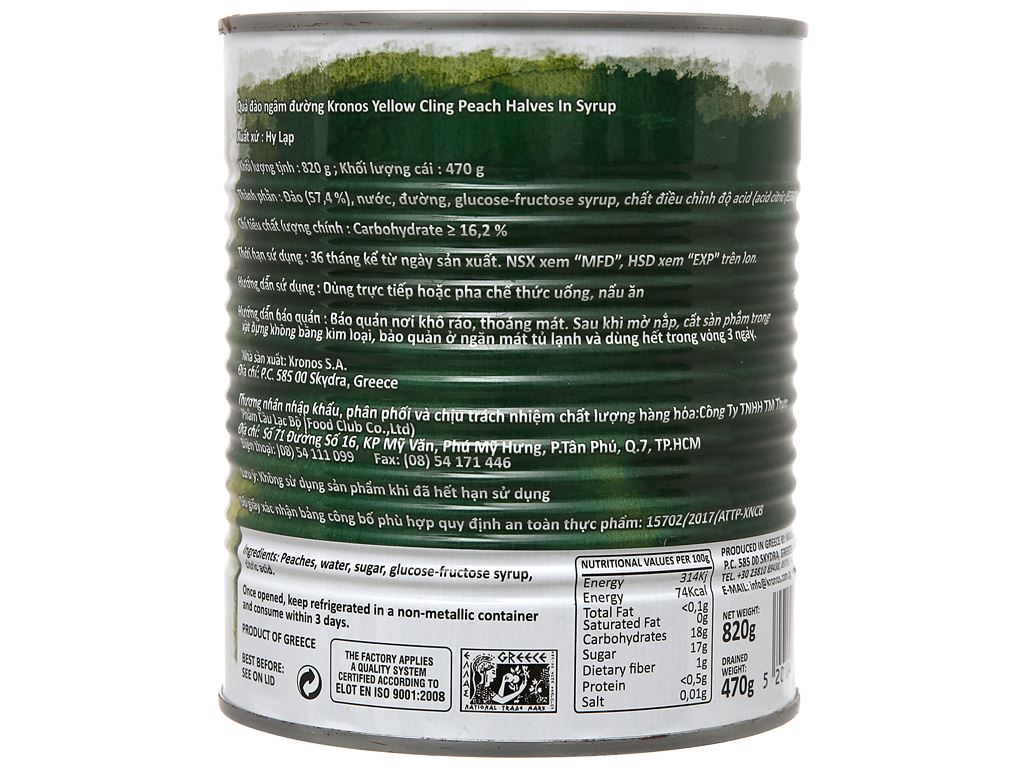 Đào ngâm Kronos 820g