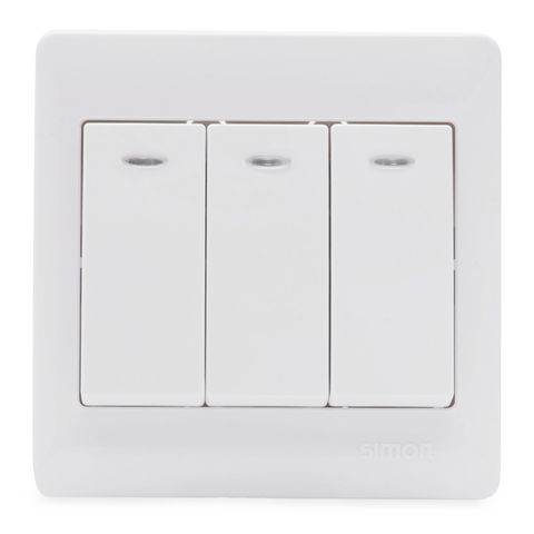 Bộ công tắc nút nhấn nhả ba có đèn LED vuông màu trắng Simon 50 51033BF